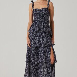 New ASTR the Label Mellorie Dress in Navy & Grey Floral maxi tiered